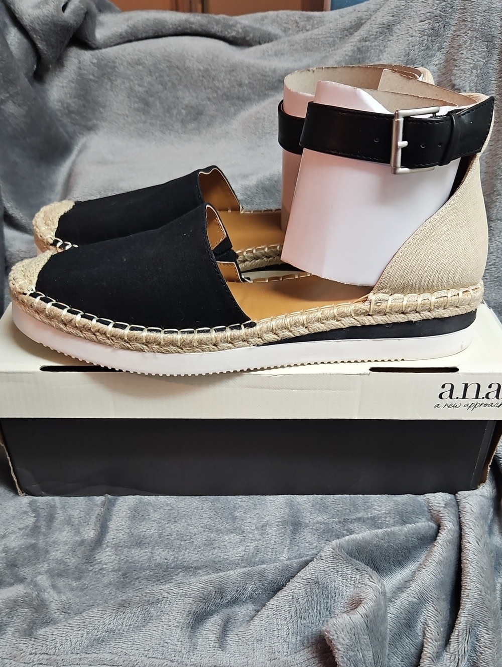 A.N.A. Black and Natural Espadrille Ankle-Strap Flats